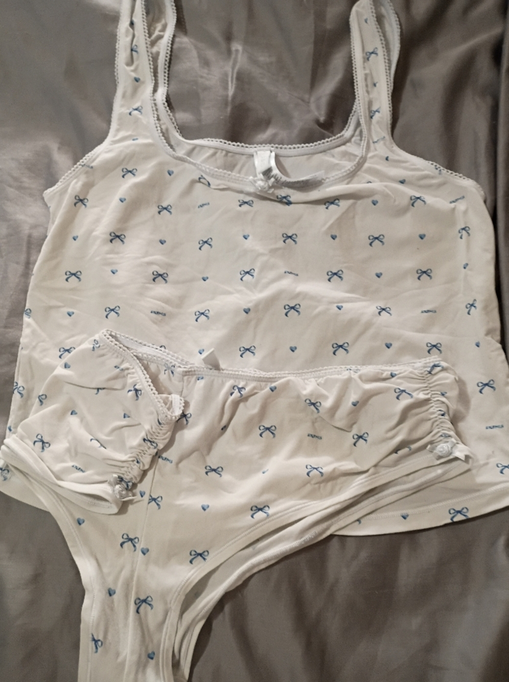 Skims White Tank & Brief Pajama Set with Blue Bow Print